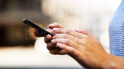 Buy stock photo Hands, woman and scroll with phone outdoor for direction search, online navigation and tourist app. Connection, person and smartphone in city for social networking, internet map and check destination