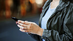 Hands, woman and scroll with phone in city for direction search, online navigation and location app. Connection, person and smartphone outdoor for social networking, internet map and communication