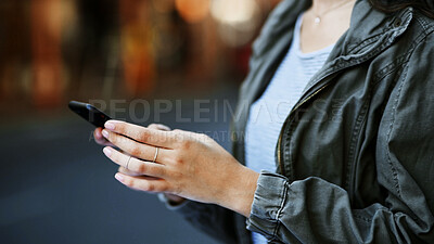 Buy stock photo Hands, woman and scroll with phone in city for direction search, online navigation and location app. Connection, person and smartphone outdoor for social networking, internet map and communication