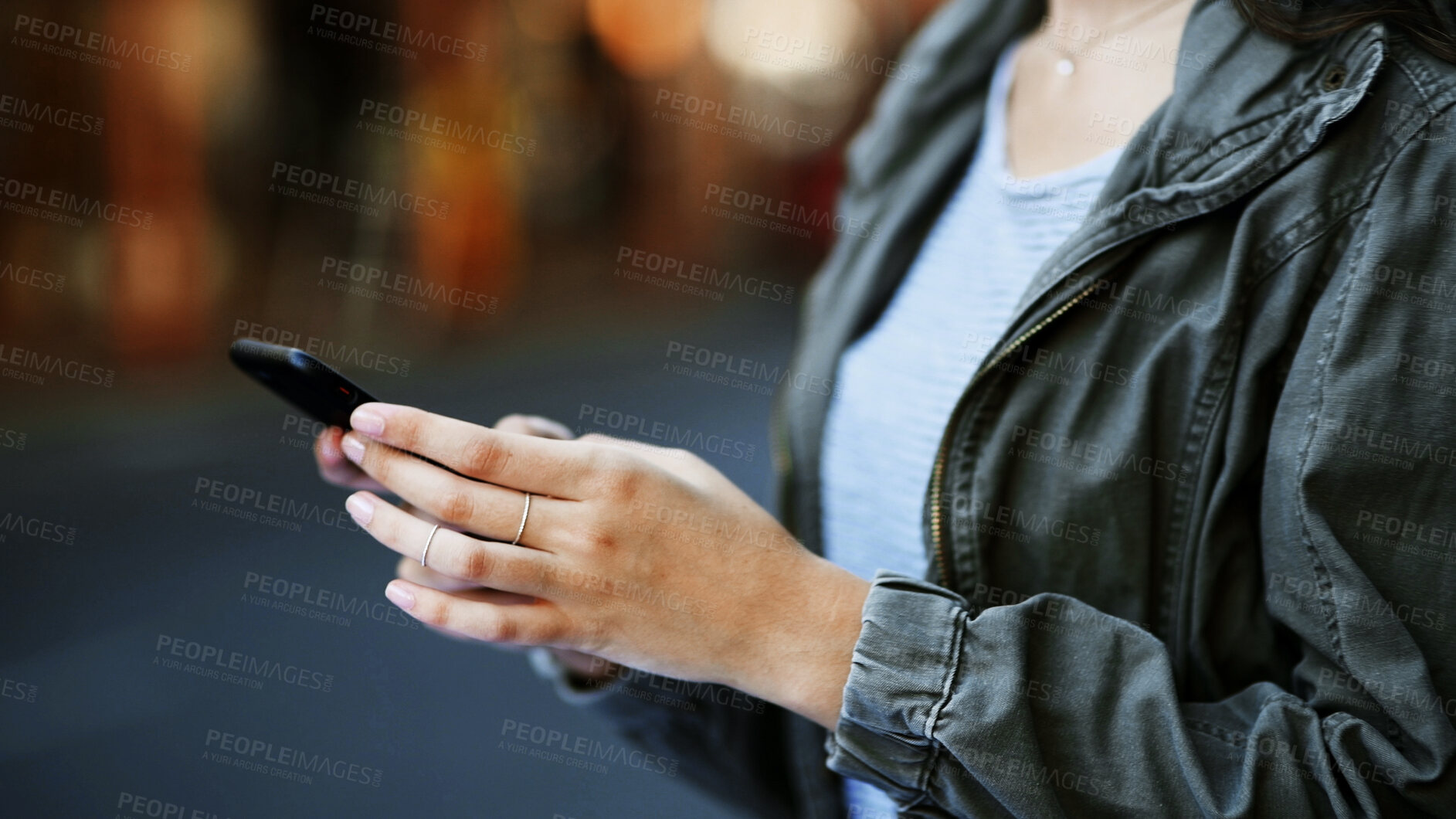 Buy stock photo Hands, woman and scroll with phone in city for direction search, online navigation and location app. Connection, person and smartphone outdoor for social networking, internet map and communication