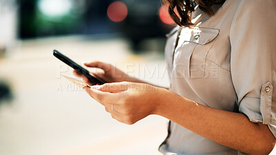 Buy stock photo Woman, hands or phone with credit card for online shopping, payment or banking app in city. Female person, shopper or ecommerce with mobile smartphone or debit for remote transaction in urban area