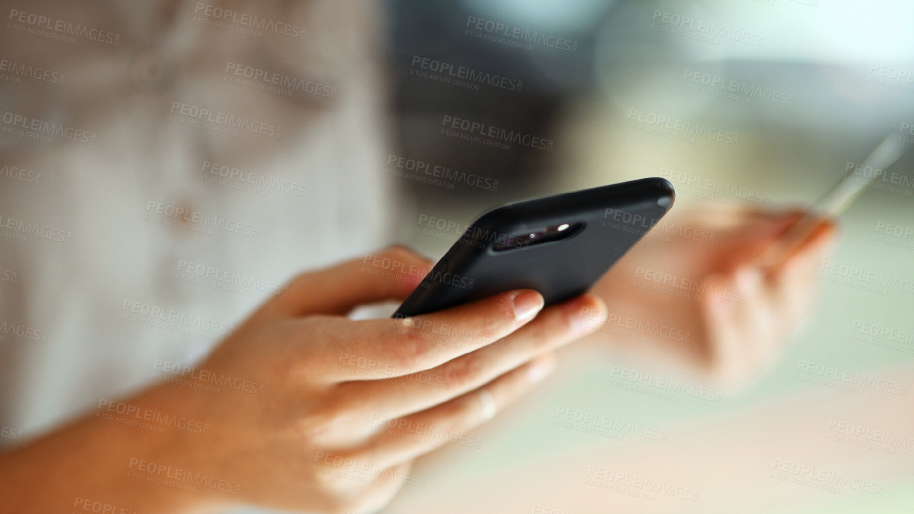 Buy stock photo Person, hands or phone with credit card for online shopping, payment or banking app in city. Closeup, shopper or ecommerce with mobile smartphone or debit for remote transaction in urban area