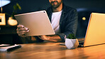 Hands, tablet and business man at night with graphic design career with modern software at desk. Male employee, creative project and technology for typography and visual information as web designer