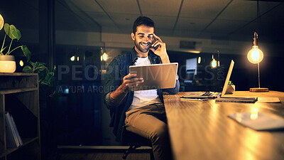 Buy stock photo Night, business and man with smile, tablet and internet with graphic designer, email and web proposal. Person, evening or employee with tech, connection or app for creative project or online reading