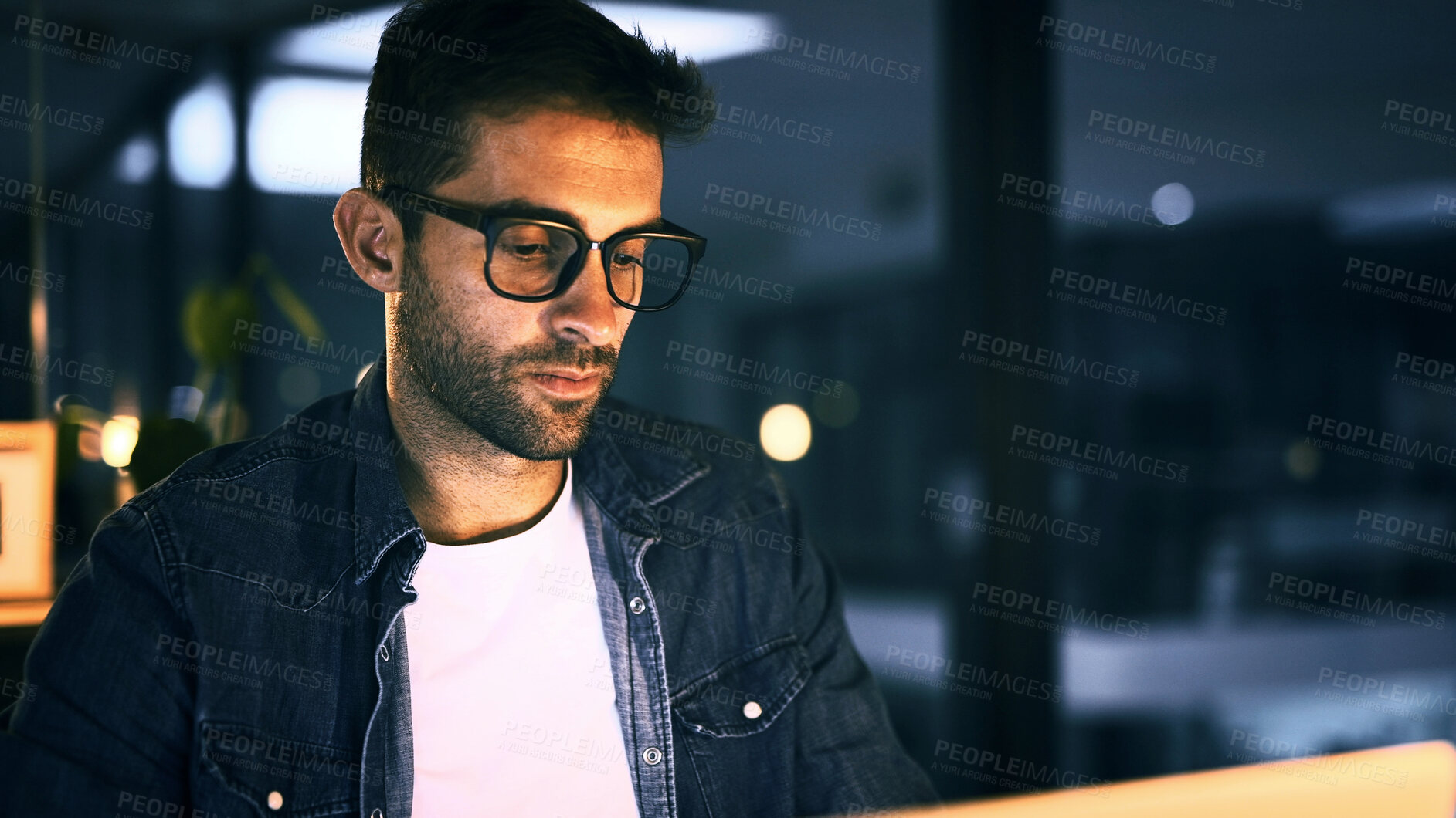 Buy stock photo Office, glasses and businessman with laptop for editing, proofreading and deadline for news story. Night, male person and journalist with technology for blog website, research and online publication