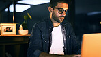 Night, journalist and man on laptop for writing draft, update and deadline for news article. Project, journalism or creative writer in overtime for blog website, story research and online publication