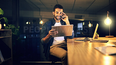 Buy stock photo Dark, smile and man in office, tablet and email with graphic designer, internet and web proposal. Person, night and freelancer with deadline, tech and app for creative project and online reading
