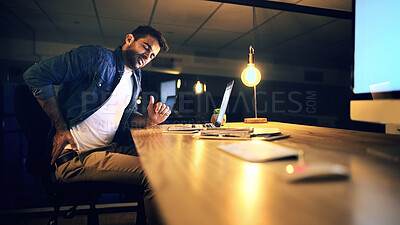 Buy stock photo Laptop, back pain and programmer at night for research, web design deadline or office project. Creative worker, administrator and fatigue for overtime, update or burnout for website article online