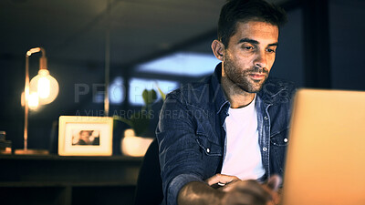 Buy stock photo Office, night and businessman with laptop for proofreading, research and deadline for news article. Late, male person and journalist with digital for blog website, editing story or online publication
