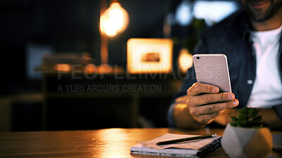 Buy stock photo Hands, night and man in office, smartphone and message to contact, social media and communication. Person, closeup and employee in workplace, evening and cellphone with digital app for chatting