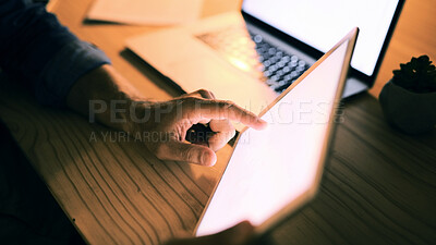 Buy stock photo Designer, hand and tablet screen with person in office at night for agenda, deadline or schedule. App, creative and mockup space with employee at desk in design workplace for evening productivity