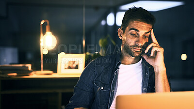 Buy stock photo Tired, employee and man with laptop, night and working late for web design, overworked and thinking. Burnout, brand designer and person with tech for deadline, contemplating and review of project