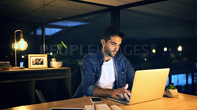 Buy stock photo Office, night and businessman with laptop for typing, proofreading and deadline for news article. Late, male person and journalist with digital for blog website, editing story and online publication