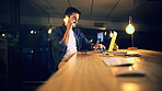 Laptop, phone call and businessman at night for research, copywriting deadline or office project. Creative worker, editor and typing with overtime, update or discussion for news article online