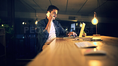 Buy stock photo Laptop, phone call and businessman at night for research, copywriting deadline or office project. Creative worker, editor and typing with overtime, update or discussion for news article online