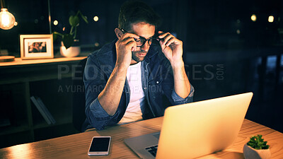 Buy stock photo Laptop, tired and man in office at night with burnout for creative project with glasses. Deadline, fatigue and male magazine editor with computer for article publishing with exhaustion in workplace.