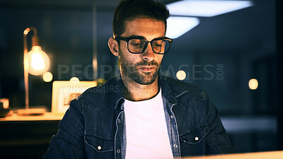 Buy stock photo Office, glasses and businessman with laptop for website, proofreading and deadline for news story. Night, male person and journalist with technology for blog editing, research and online publication