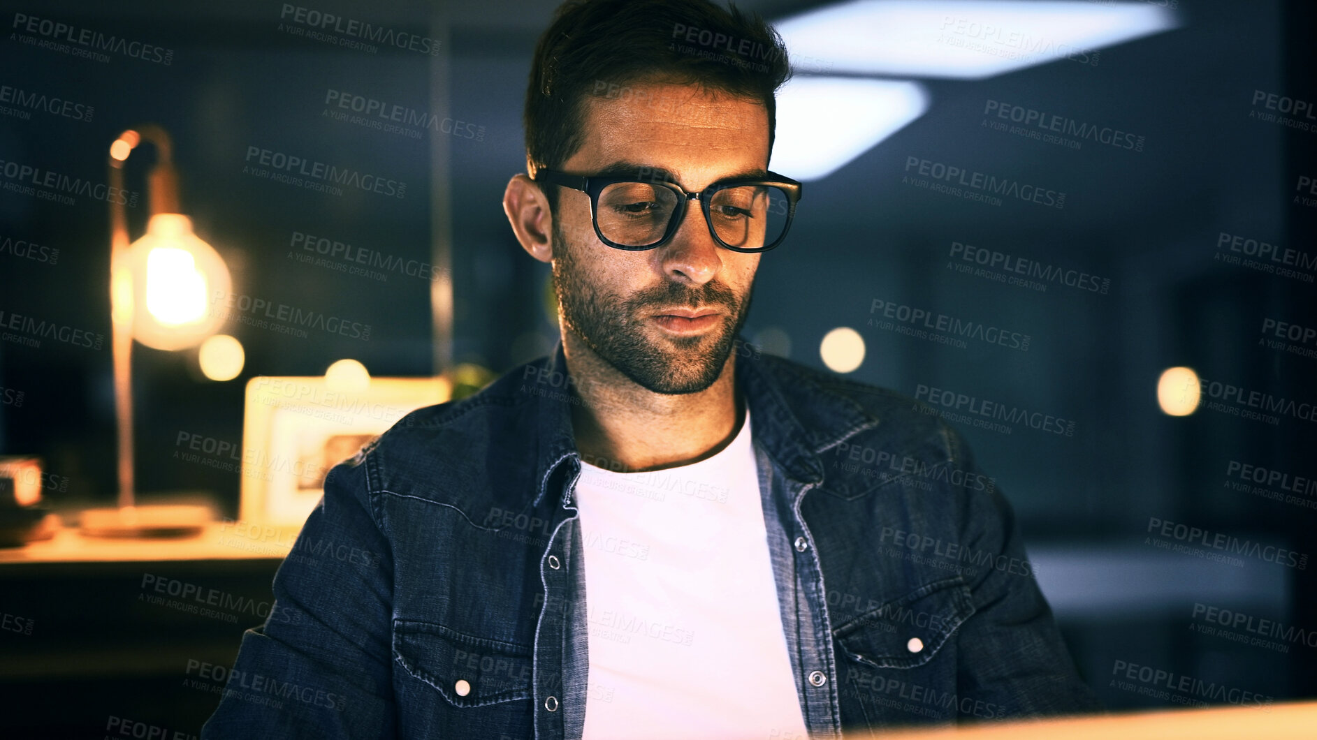 Buy stock photo Office, glasses and businessman with laptop for website, proofreading and deadline for news story. Night, male person and journalist with technology for blog editing, research and online publication