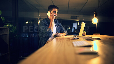Buy stock photo Laptop, phone call and creative businessman at night for research, copywriting deadline or office project. Worker, editor and typing with overtime, update or discussion for news article online