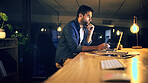 Laptop, night and thinking with business man in office for deadline or feedback on creative report. Computer, problem solving and research with design employee at work for evening productivity