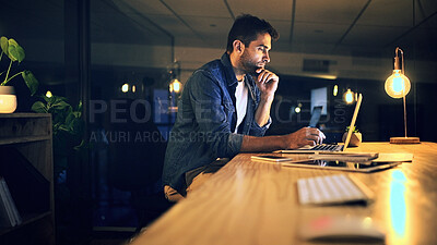 Buy stock photo Laptop, night and thinking with business man in office for deadline or feedback on creative report. Computer, problem solving and research with design employee at work for productivity in overtime