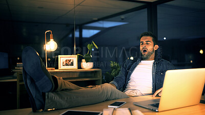 Buy stock photo Laptop, yawn and tired businessman in night office for research, copywriting deadline or project. Creative worker, writer or editor with fatigue, burnout or exhausted for editing news article online