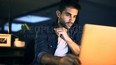 Buy stock photo Office, night and businessman with laptop for research, proofreading and deadline for news article. Late, male person and journalist with digital for blog website, editing story or online publication