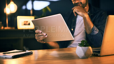 Buy stock photo Thinking, man and tablet in office at night for planning, creative ideas and proofreading article. Journalist, digital and thoughts for research, decision and editing story for publication deadline