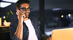 Laptop, phone call and businessman in office for project, copywriting deadline or night research. Creative worker, writer or editor with overtime, update or discussion for editing news article online