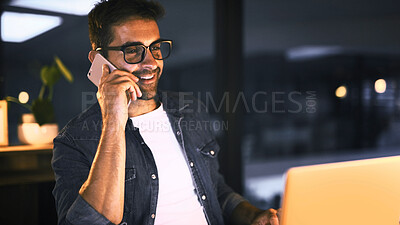 Buy stock photo Laptop, phone call and businessman in office for project, copywriting deadline or night research. Creative worker, writer or editor with overtime, update or discussion for editing news article online