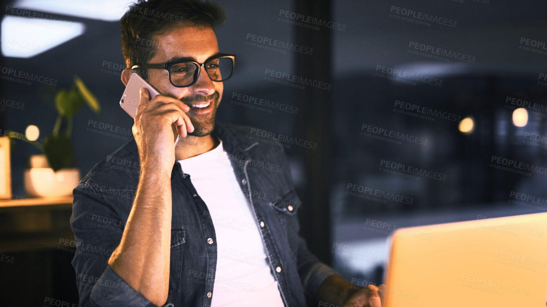 Buy stock photo Laptop, phone call and businessman in office for project, copywriting deadline or night research. Creative worker, writer or editor with overtime, update or discussion for editing news article online