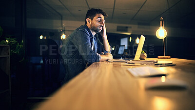 Buy stock photo Laptop, tired and business man in night office for research, copywriting deadline or project. Creative worker, writer or editor with fatigue, burnout or exhausted for editing news article online