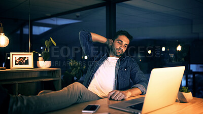 Buy stock photo Laptop, burnout and business man in night office for research, copywriting deadline or project. Bored worker, frustrated and editor with wait, fatigue or exhausted for update news article online