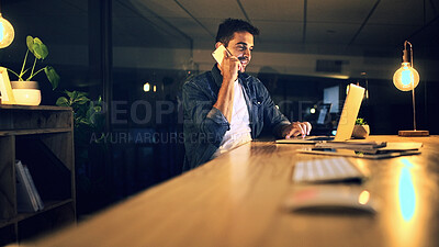 Buy stock photo Laptop, phone call and programmer at night for research, web design deadline or office project. Creative worker, administrator and typing for overtime, update or discussion for website article online