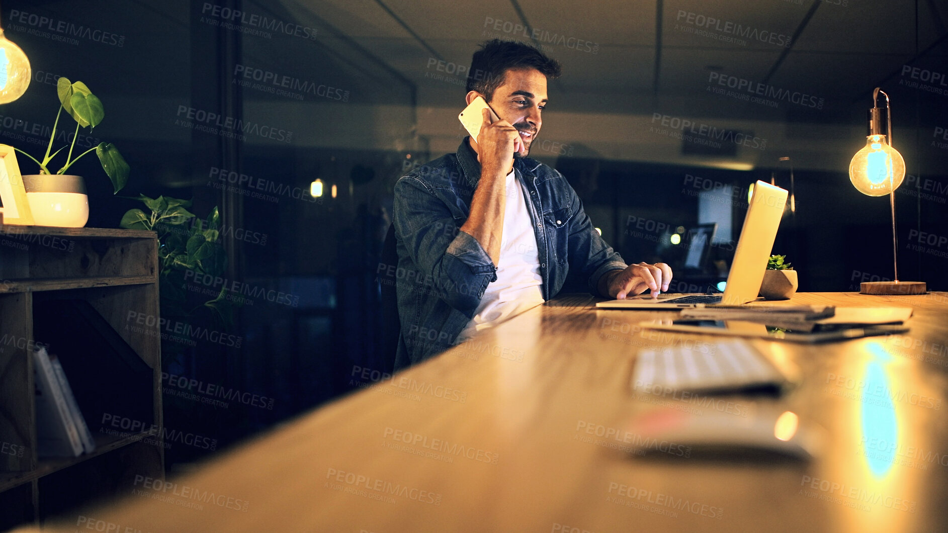 Buy stock photo Laptop, phone call and programmer at night for research, web design deadline or office project. Creative worker, administrator and typing for overtime, update or discussion for website article online