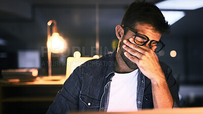 Buy stock photo Tired, overworked and man with laptop, night or web designer with color sensitivity, sore or vision. Working late, employee and person with itching eyes, strain or poor lighting for glasses in office
