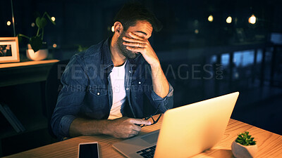 Buy stock photo Laptop, eye strain and business man in night office for research, copywriting deadline or project. Worker, frustrated and editor with fatigue, burnout or exhausted for editing news article online