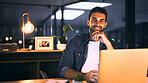 Office, night and businessman with laptop in portrait, proofreading and deadline for news article. Late, male person and journalist with smile for blog website, editing story and online publication