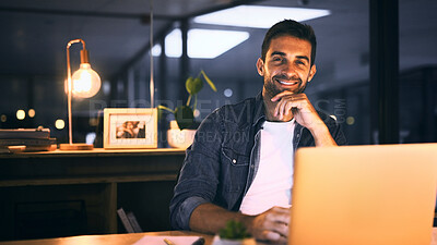 Buy stock photo Office, night and businessman with laptop in portrait, proofreading and deadline for news article. Late, male person and journalist with smile for blog website, editing story and online publication