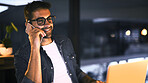 Laptop, phone call and businessman in night office for research, copywriting deadline or project. Creative worker, writer or editor with overtime, update or discussion for editing news article online