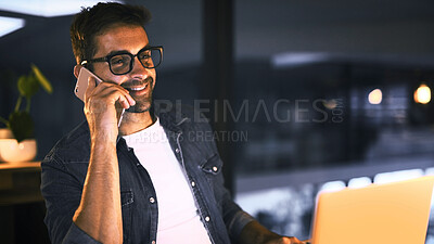 Buy stock photo Laptop, phone call and businessman in night office for research, copywriting deadline or project. Creative worker, writer or editor with overtime, update or discussion for editing news article online