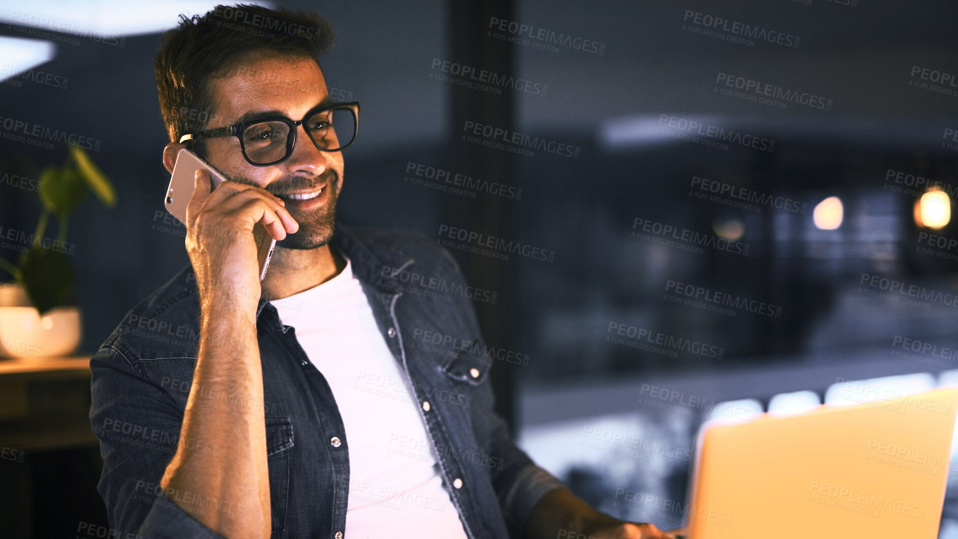 Buy stock photo Laptop, phone call and businessman in night office for research, copywriting deadline or project. Creative worker, writer or editor with overtime, update or discussion for editing news article online