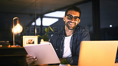 Buy stock photo Office, night and businessman with tablet in portrait, proofreading and deadline for news article. Late, male person and journalist with laptop for blog website, story research and online publication