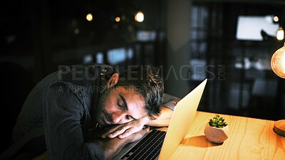 Buy stock photo Laptop, businessman and sleeping in night office for research, copywriting deadline or project. Creative worker, writer or editor with fatigue, burnout or exhausted for editing news article online