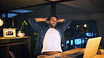 Relax, night and man in office with laptop for finished project with deadline goal or achievement. Happy, stretching and male person with computer for completed easy task in workplace with overtime.