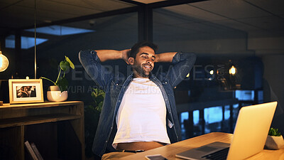 Buy stock photo Relax, night and man in office with laptop for finished project with deadline goal or achievement. Happy, stretching and male person with computer or completed easy task in workplace with overtime.
