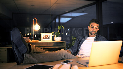 Buy stock photo Laptop, tired and businessman in office for research, copywriting deadline or night project. Bored creative worker, writer or editor relax with overtime, low energy or break for news article online