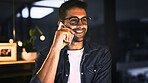 Phone call, smile and businessman in night office for research, copywriting deadline or project. Creative worker, writer or editor with overtime, report or update for editing news article online