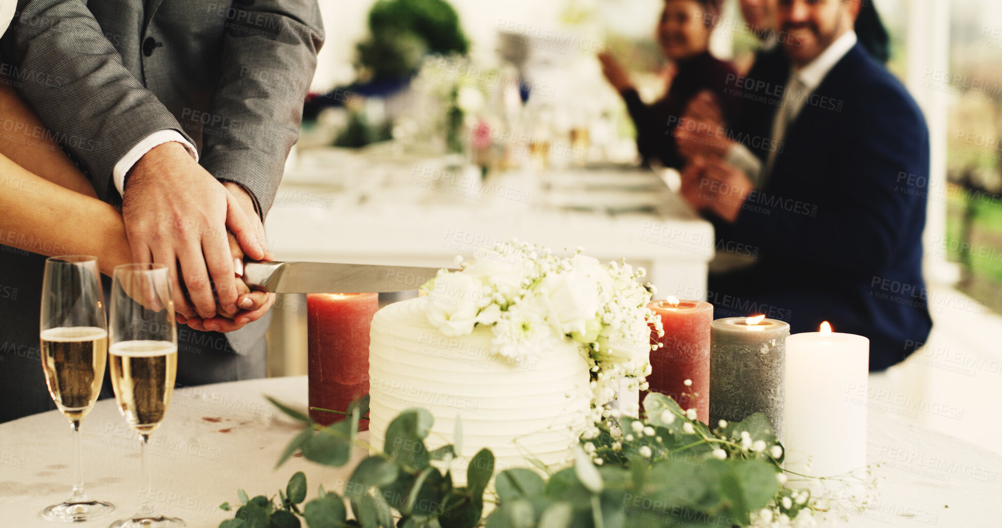 Buy stock photo Wedding, hands and couple cut cake at ceremony for celebration, marriage party and commitment. Special event, romance and people with dessert at reception for tradition, relationship loyalty and love