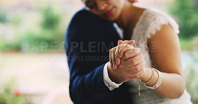 Buy stock photo People, holding hands and marriage with love for commitment, trust or romance at wedding ceremony. Man, woman and couple with hug, touch or care for support, embrace or engagement together in nature
